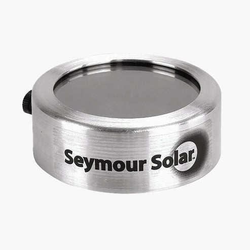Seymour Solar Helios glass slip-on solar filters for telescopes fitting 3.75-inch to 5-inch optical tubes, tested to ISO 12312-2 transmission limits for safe solar viewing.