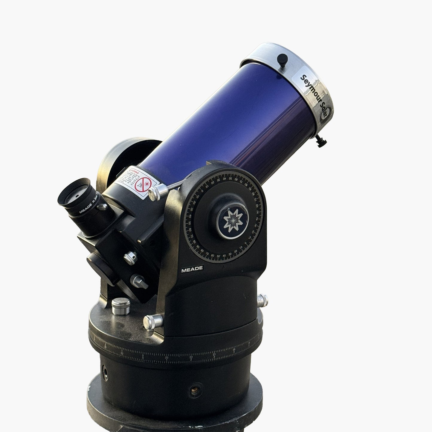 Seymour Solar Helios glass slip-on ND5 white-light solar filter installed on a telescope, showing proper fit for safe solar viewing.